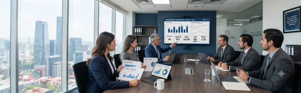 Equipo de Recursos Humanos planificando una estrategia para mejorar el proceso de contratación.