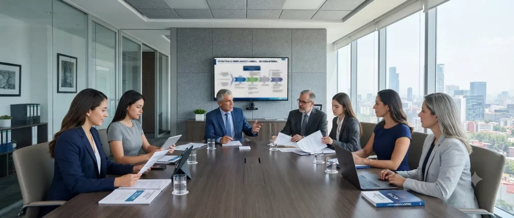 Directivos revisando estrategias de cumplimiento laboral y servicios especializados.