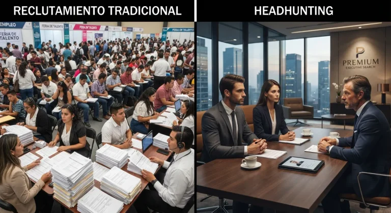 Diferencia visual entre el reclutamiento masivo y el headhunting ejecutivo.