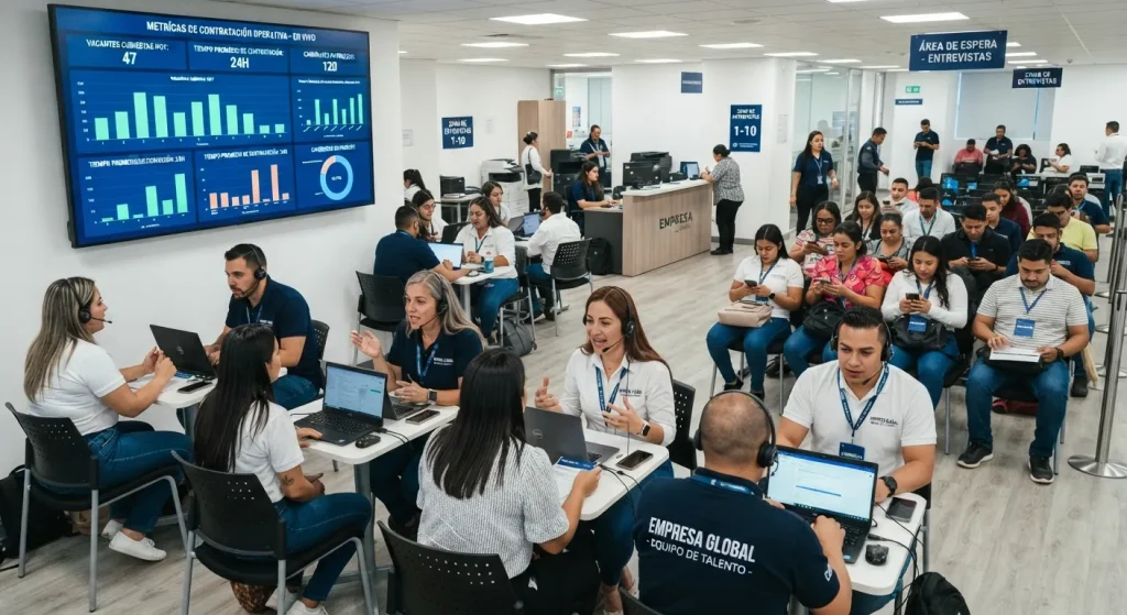 Equipo de reclutamiento gestionando un proceso de contratación masiva en una oficina corporativa.